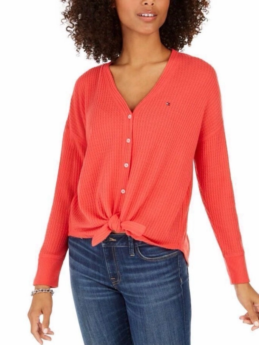 Tommy Hilfiger Coral Waffle Knit Tie  Cardigan Womens Size XXL